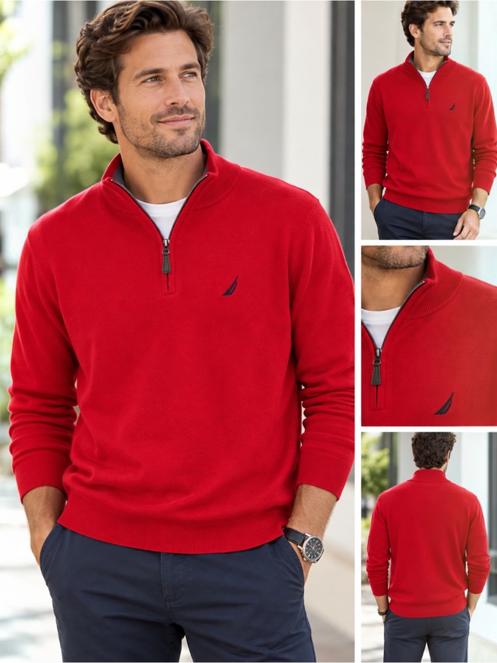 Nautica Men’s XL Red 1/4 Zip Sweater 100% Cotton Mock Neck J-Class Logo
